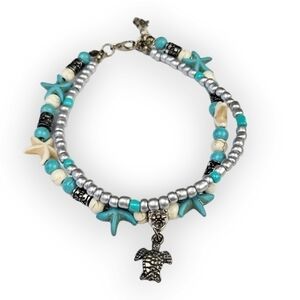 Sea Turtle Ankle Bracelet Anklet Starfish Beaded Double Strand Charm Blue 9.25"